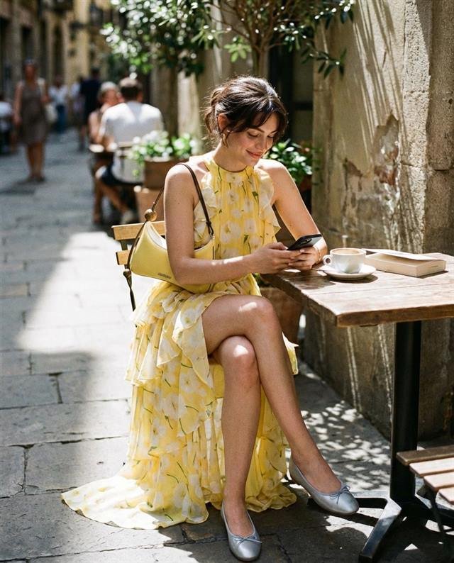 Abito giallo a fiori indossato a un tavolino di caffè