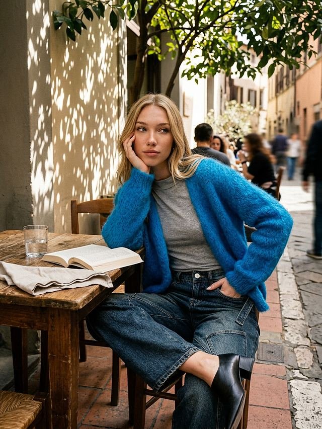 Coprispalle blu in mohair indossato su t-shirt grigia