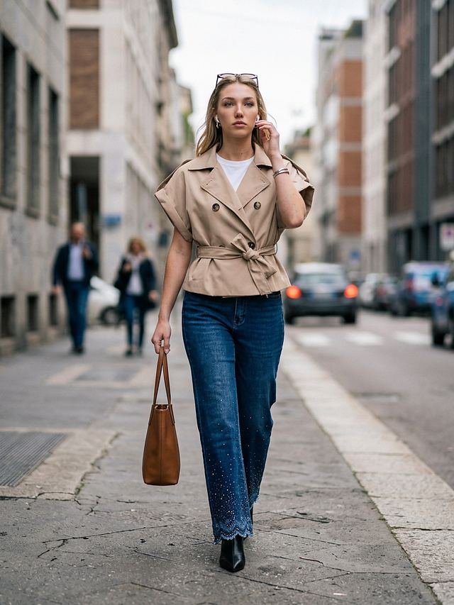 Gilet beige doppiopetto con cintura, indossato con jeans